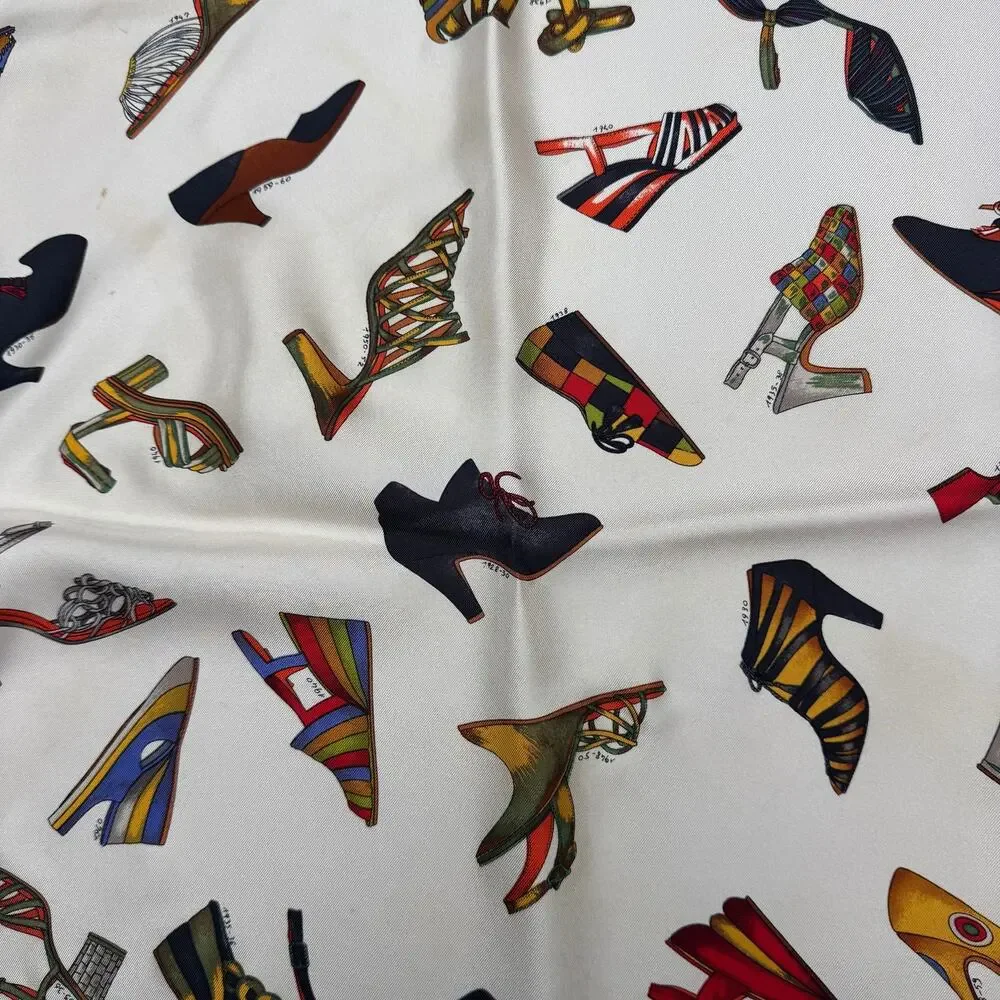 Salvatore Ferragamo Silk History of Shoes Heels Printed Scarf Italy Logo Luxury